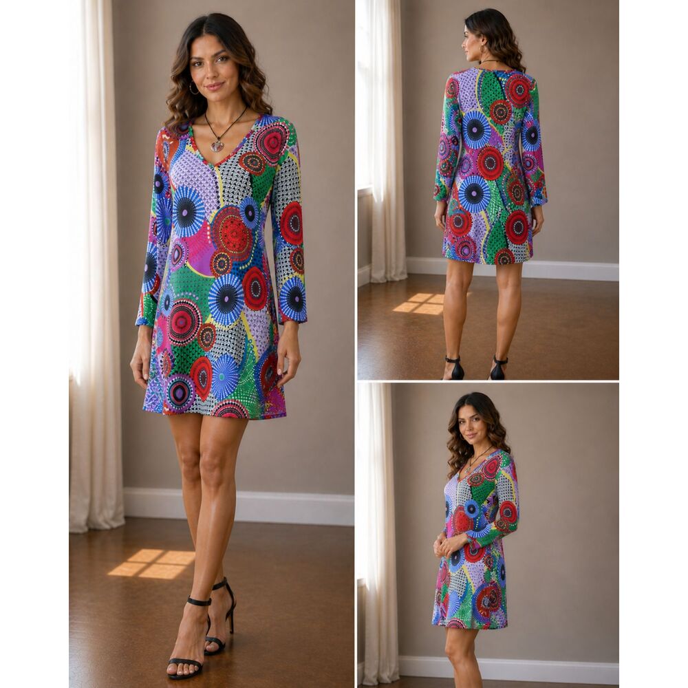Highness M Multicolor Print Dress Psychedelic Retro Boho Artsy Shift Stretch